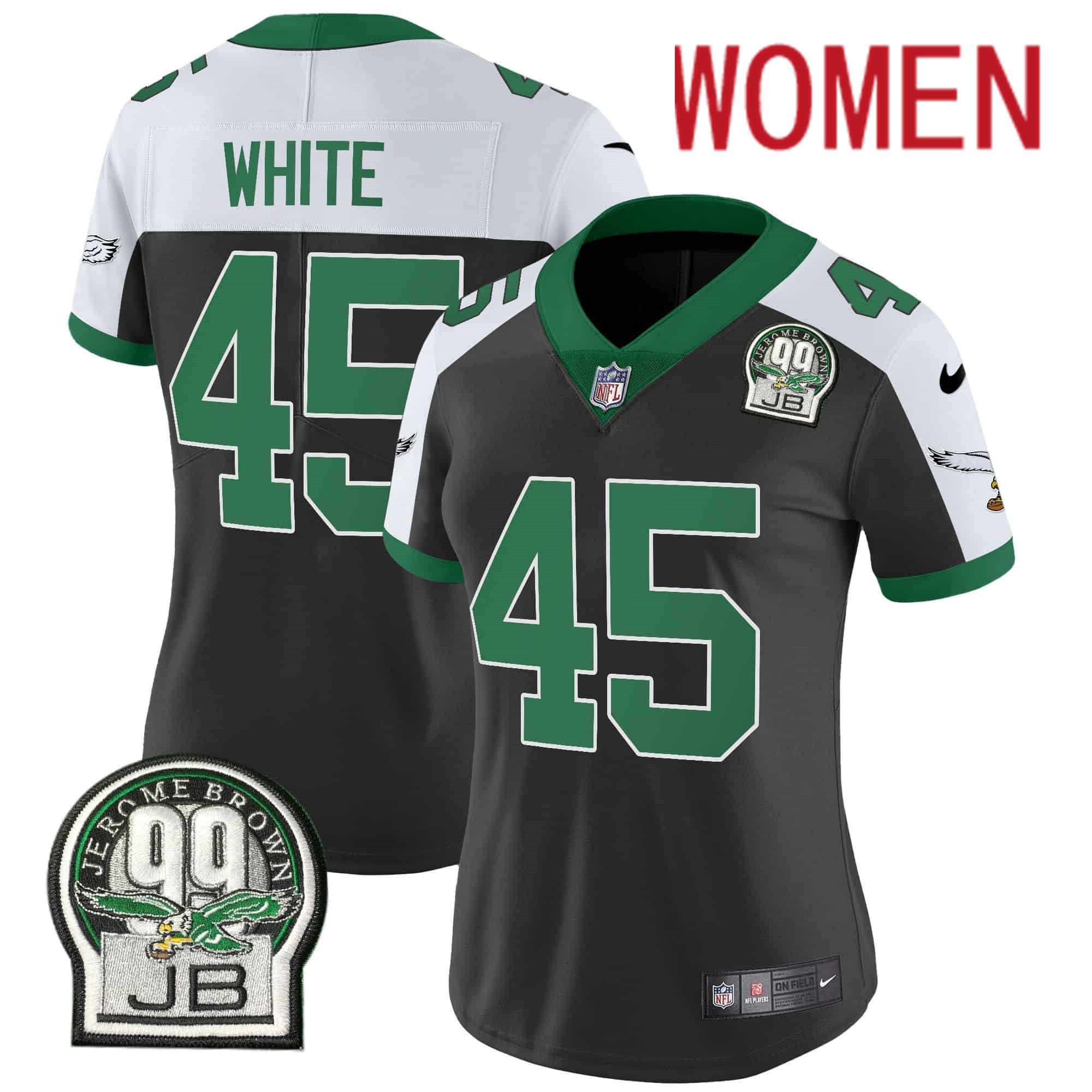 Women Philadelphia Eagles #45 White Black 2024 Nike Jerome Brown Patch Alternate Limited NFL Jersey